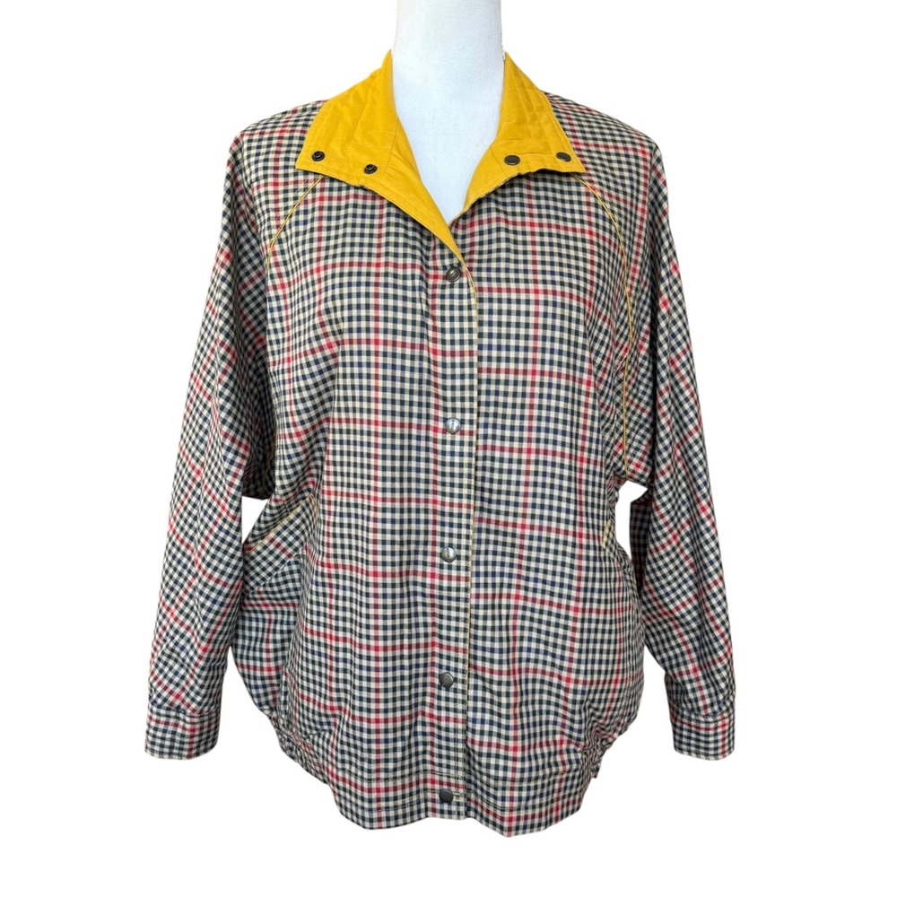 Hyun Hi Reversible Plaid Bomber Jacket Yellow Navy Red Women Vintage Style